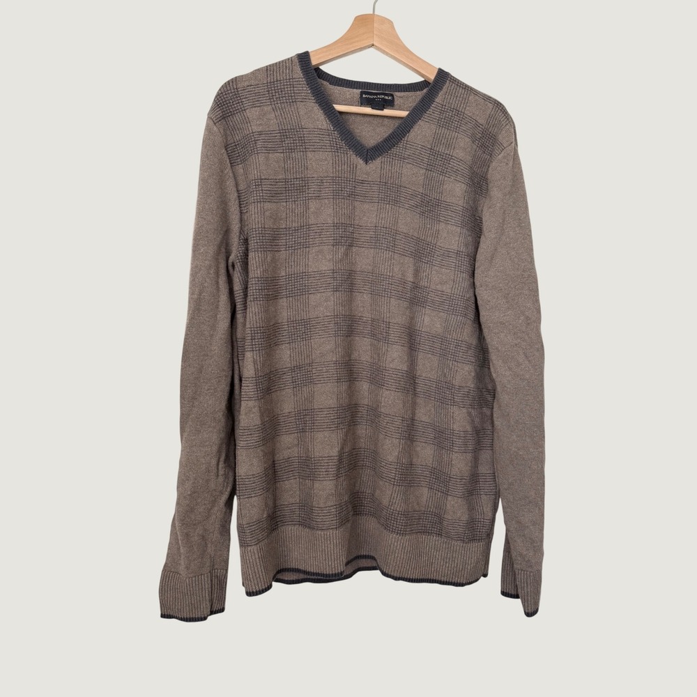 Banana Republic Mens V-Neck Plaid Sweater Brown Grey Cotton Wool Blend Small